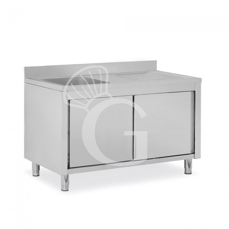 Spülschrank, Edelstahl, Abtropffläche rechts, Schiebetüren, 1 Becken, Aufkantung, B 1500 mm x T 600 mm x H 950 mm
