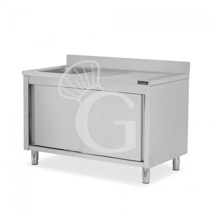 Spülschrank, Edelstahl, Abtropffläche rechts, Schiebetüren, 1 Becken, Aufkantung, B 1500 mm x T 600 mm x H 950 mm