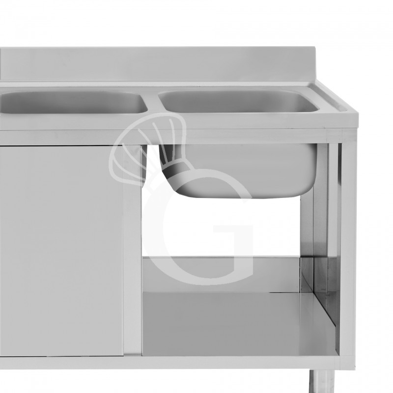 Spülschrank, Edelstahl, Schiebetüren, 2 Becken, Abtropffläche links, Aufkantung, B 1900 mm x T 600 mm x H 950 mm