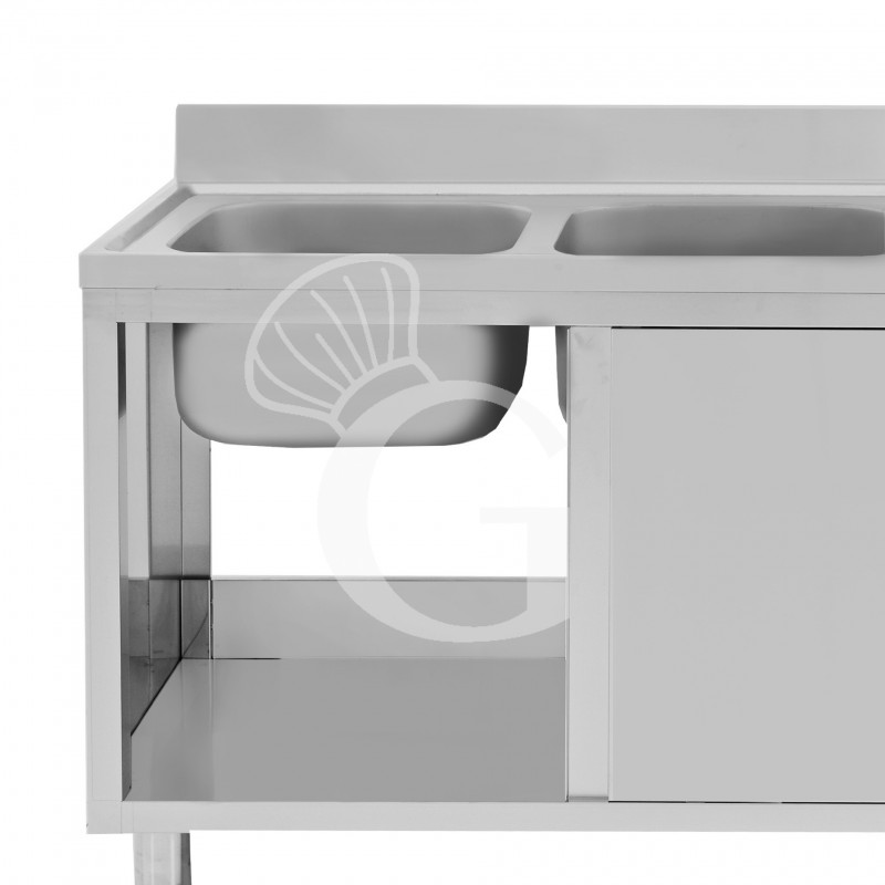 Spülschrank, Edelstahl, Schiebetüren, 2 Becken, Abtropffläche rechts, Aufkantung, B 2000 mm x T 700 mm x H 950 mm