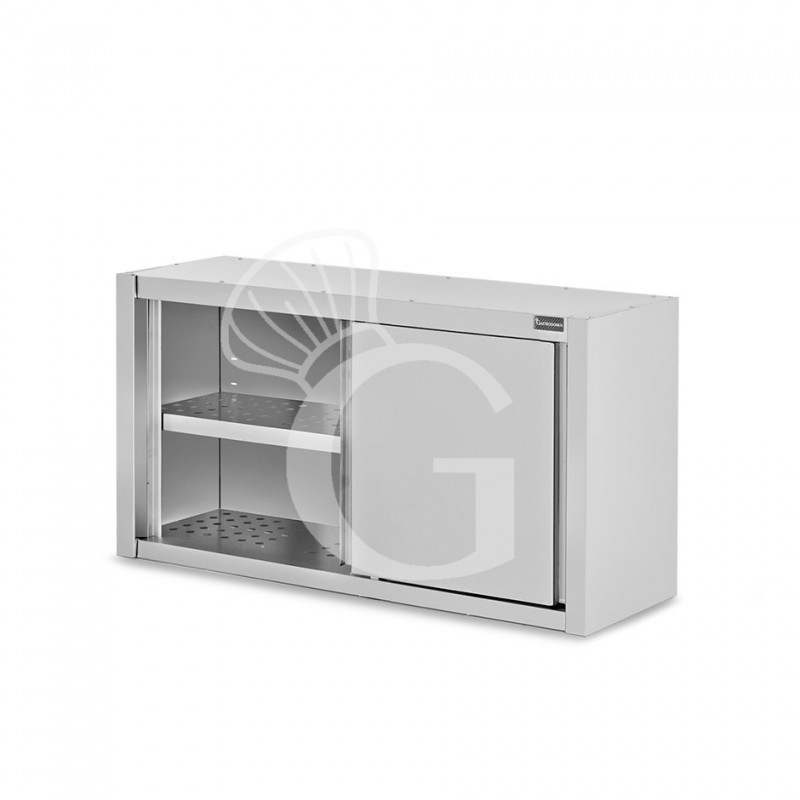 Wandhängeschrank, Edelstahl, mit Abtropffläche, Schiebetüren, 1 gelochter Zwischenboden, B 1100 mm x T 400 mm x H 800 mm