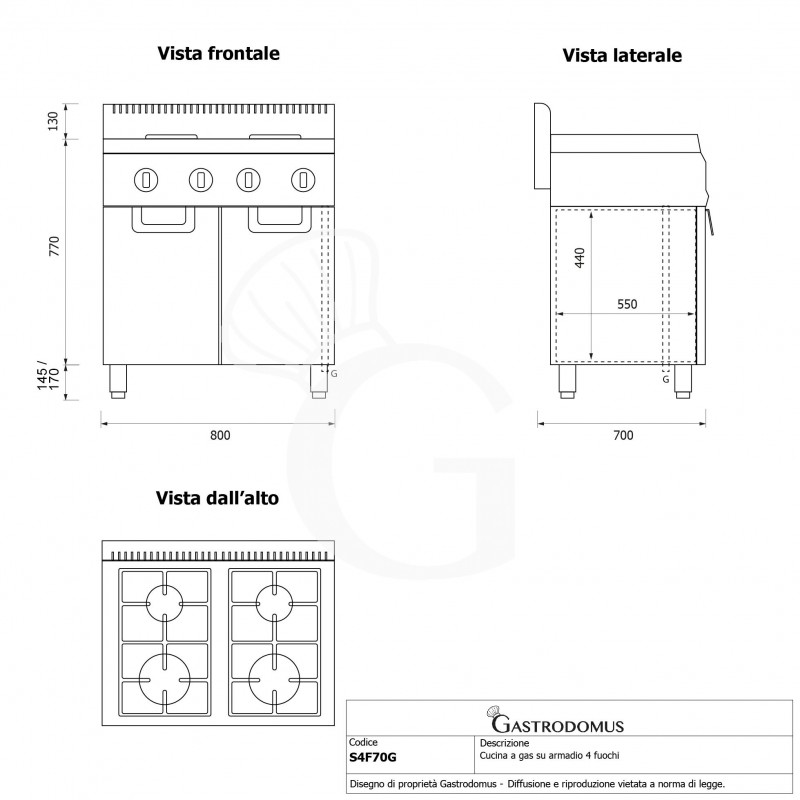 copy of Piano di cottura gas - 4 fuochi - armadio aperto - bacinelle smaltate