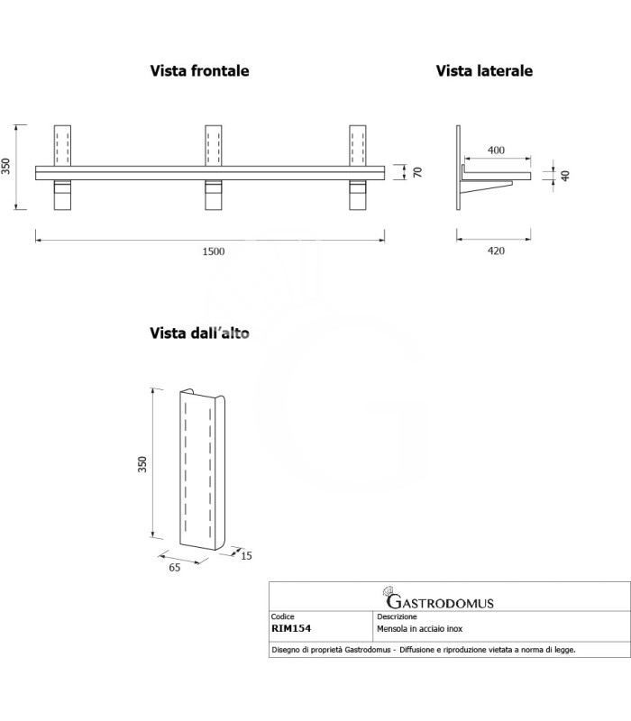 Einzelne Wandborde aus Edelstahl, B 1500 mm x T 400 mm x H 350 mm