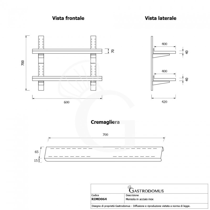 Doppelte Wandborde aus Edelstahl, B 600 mm x T 400 mm x H 700 mm
