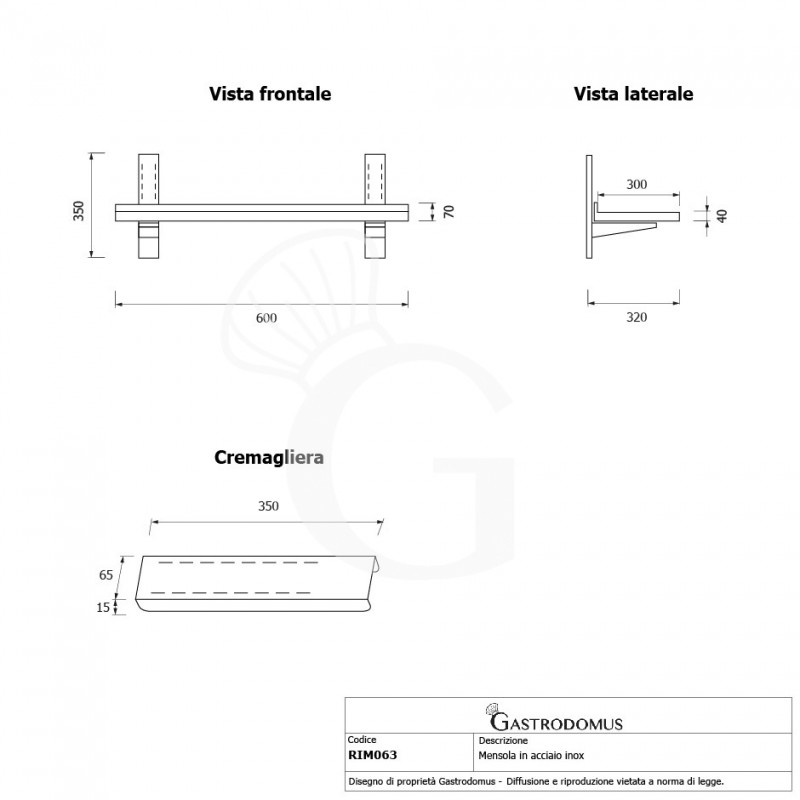 Mensola in acciaio inox singola, L 600 mm x P 300 mm x H 700 mm