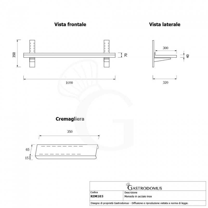Wandbord aus Edelstahl, B 1000 mm x T 300 mm x H 350 mm