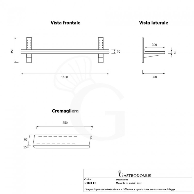 Wandbord aus Edelstahl, B 1100 mm x T 300 mm x H 350 mm