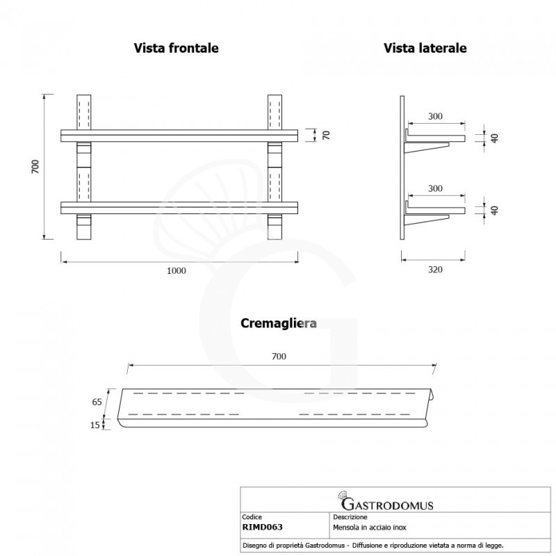 Doppelte Wandborde aus Edelstahl, B 600 mm x T 300 mm x H 700 mm