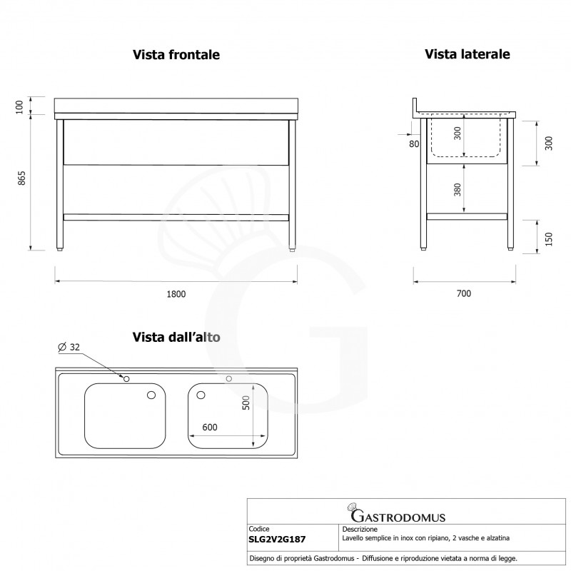 Spültisch, Edelstahl, Grundboden, Aufkantung, 2 Becken, 2 Abtropfflächen, Hahnloch (Ø 32 mm), B 1800 mm x T 700 mm x H 965 mm