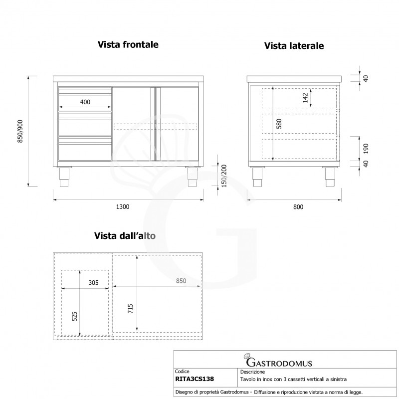 copy of Tavolo armadiato, 1 porta battente, 3 cassetti sul lato sinistro, L 1200 mm x P 700 mm x H 850 mm