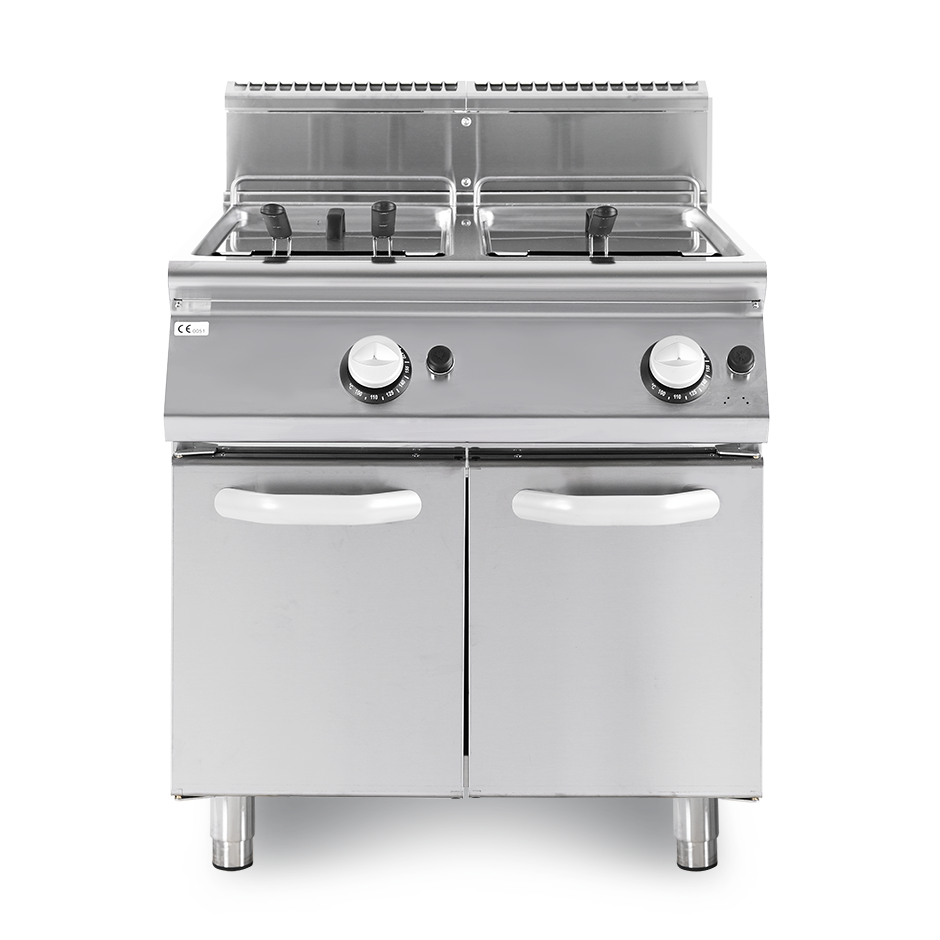 Profi Gas-Fritteuse mit 2 Becken (2 x 13 Liter) und Schrank, Standgerät, 24 kW