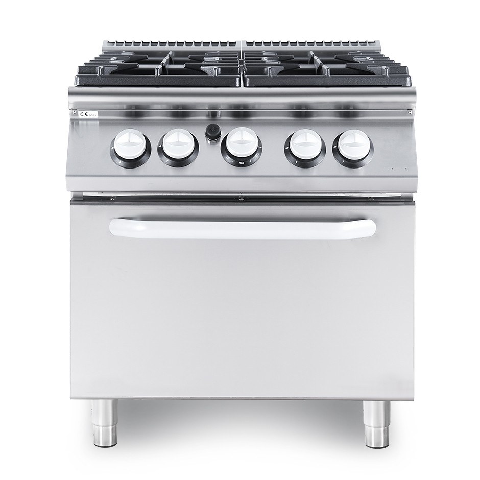 Professioneller Gasherd mit 4 Brenner, Gasbackofen, Tiefe 900 mm