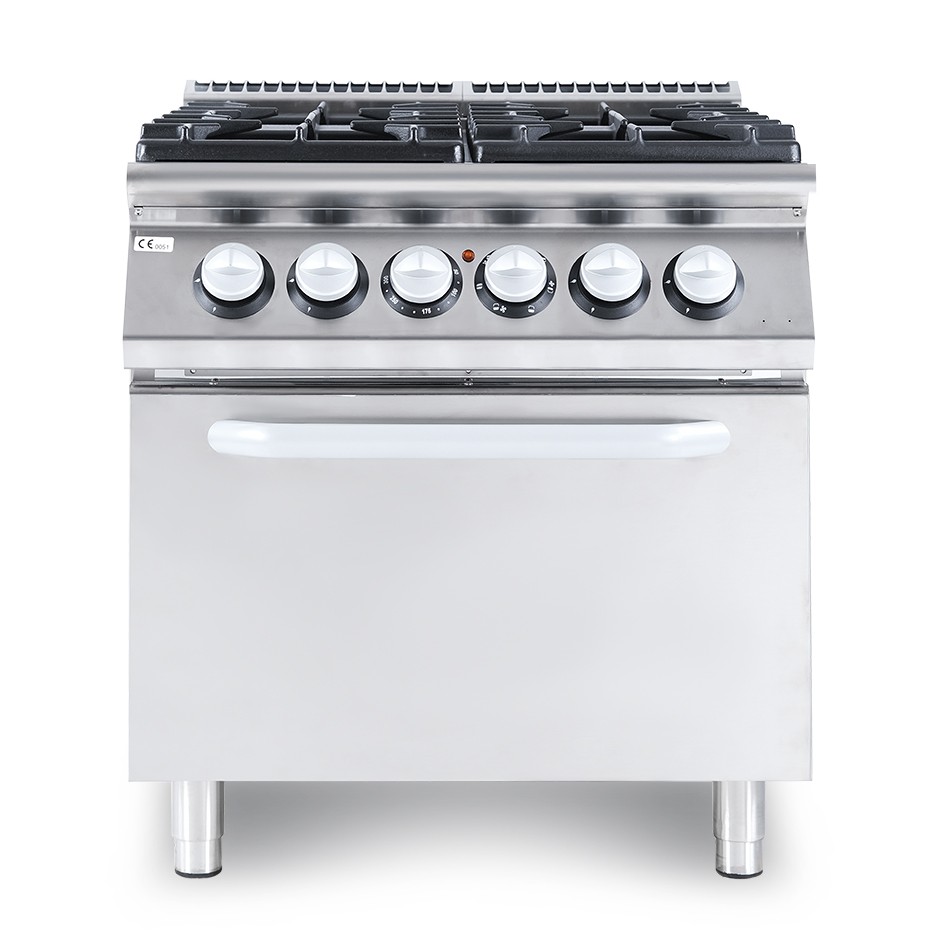 Professioneller Gasherd mit 4 Brenner und Elektrobackofen mit Umluft, Tiefe 900 mm