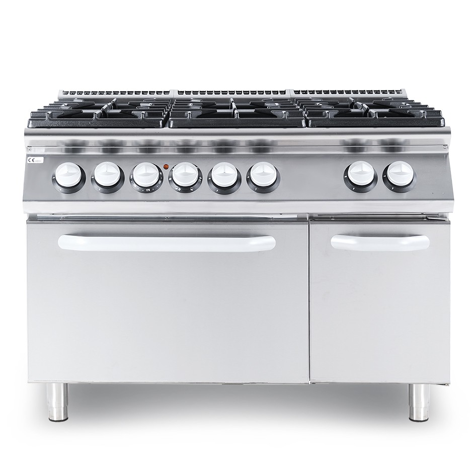 Professioneller Gasherd mit 6 Brenner und Gasbackofen, Tiefe 900mm