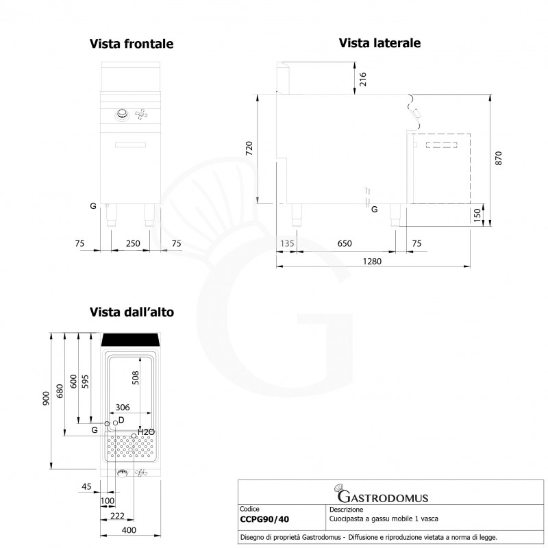 Profi Gas-Nudelkocher, 1 Becken (40 Liter) mit Schrank (B 400 mm x T 900 mm x H 870 mm)