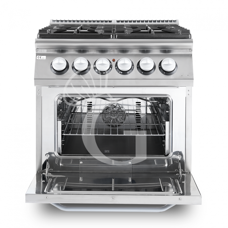 Professioneller Gasherd mit 4 Brenner und Elektrobackofen mit Umluft, Tiefe 900 mm