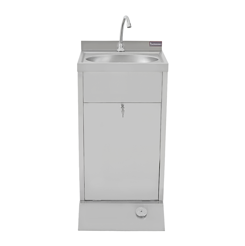 Handwaschbecken, mobil, Edelstahl, Fußbedienung, B 450 mm x T 550 mm x H 855 mm.