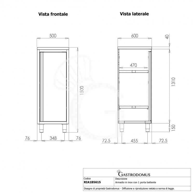 Edelstahlschrank, 1 Flügeltür, 2 Zwischenböden, B 500 mm x T 600 mm x H 1500 mm