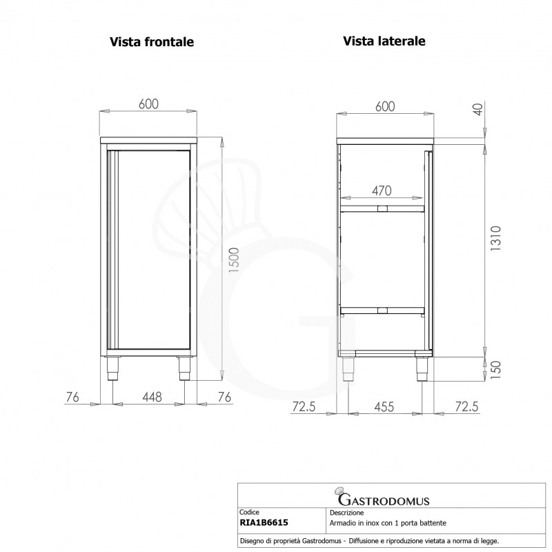 Edelstahlschrank, 1 Flügeltür, 2 Zwischenböden, B 600 mm x T 600 mm x H 1500 mm