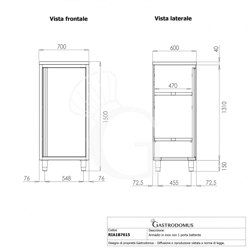 Edelstahl Mehrzweckschrank, 1 Flügeltür, 2 Einlegeböden, B 700 mm x T 600 mm x H 1500 mm