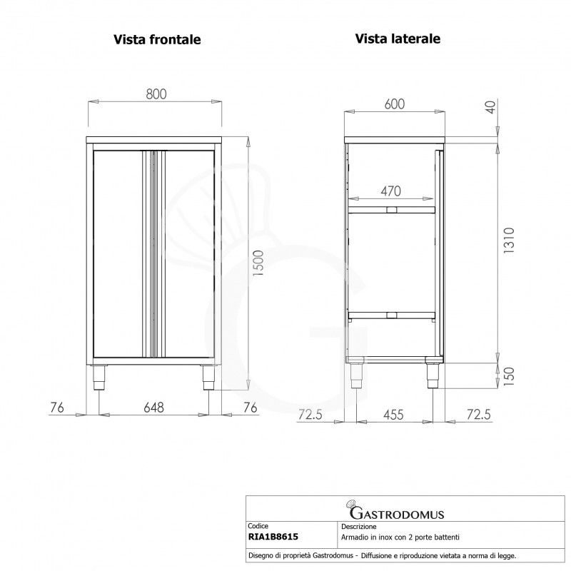 Edelstahl Mehrzweckschrank, 2 Flügeltüren, 2 Einlegeböden, B 800 mm x T 600 mm x H 1500 mm
