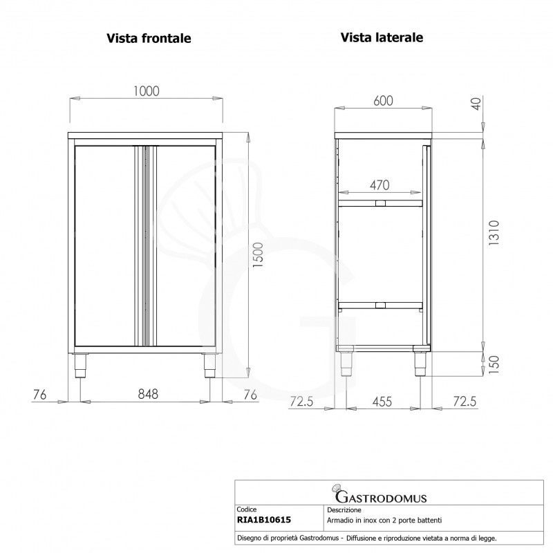 Edelstahl Universalschrank, 2 Flügeltüren, 2 Einlegeböden, B 1000 mm x T 600 mm x H 1500 mm