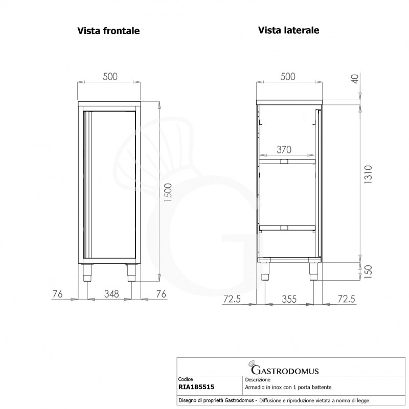 Edelstahlschrank, 1 Flügeltür, 2 Zwischenböden, B 500 mm x T 500 mm x H 1500 mm