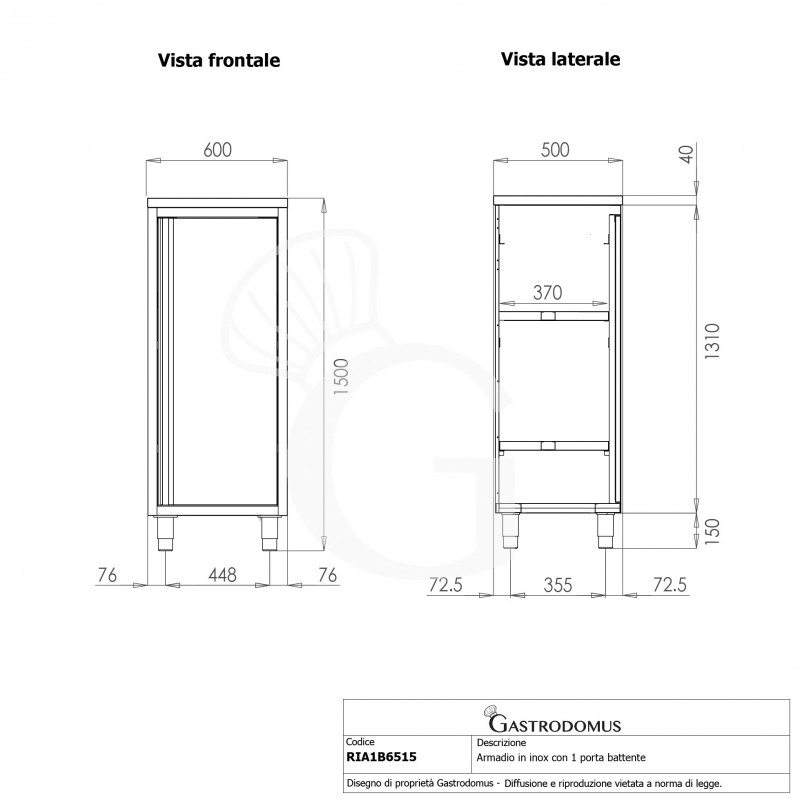 Edelstahlschrank, 1 Flügeltür, 2 Zwischenböden, B 600 mm x T 500 mm x H 1500 mm
