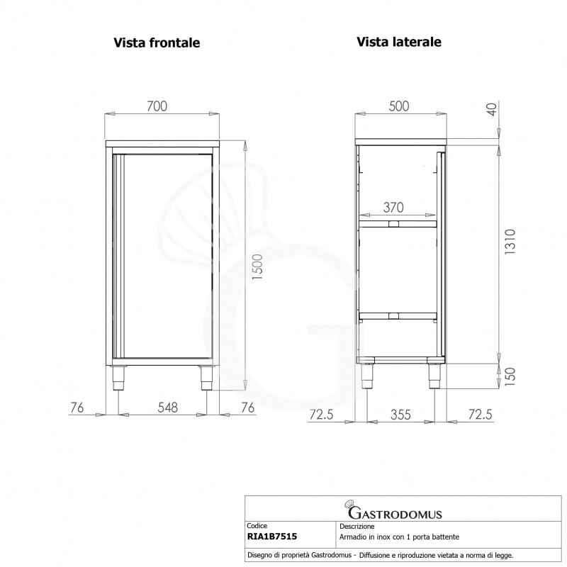 Edelstahlschrank, 1 Flügeltür, 2 Zwischenböden, B 700 mm x T 500 mm x H 1500 mm