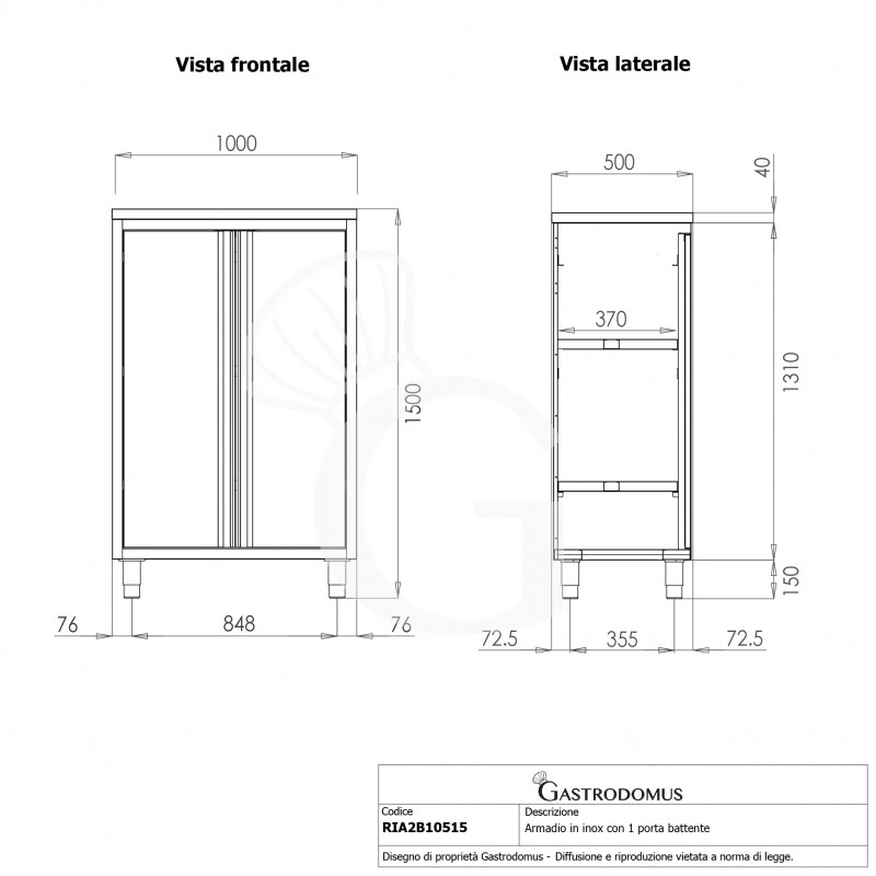 Edelstahl Mehrzweckschrank, 2 Flügeltüren, 2 Einlegeböden, B 1000 mm x T 500 mm x H 1500 mm
