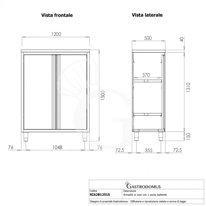 Edelstahl-Universalschrank, 2 Flügeltüren, 2 Einlegeböden, B 1200 mm x T 500 mm x H 1500 mm