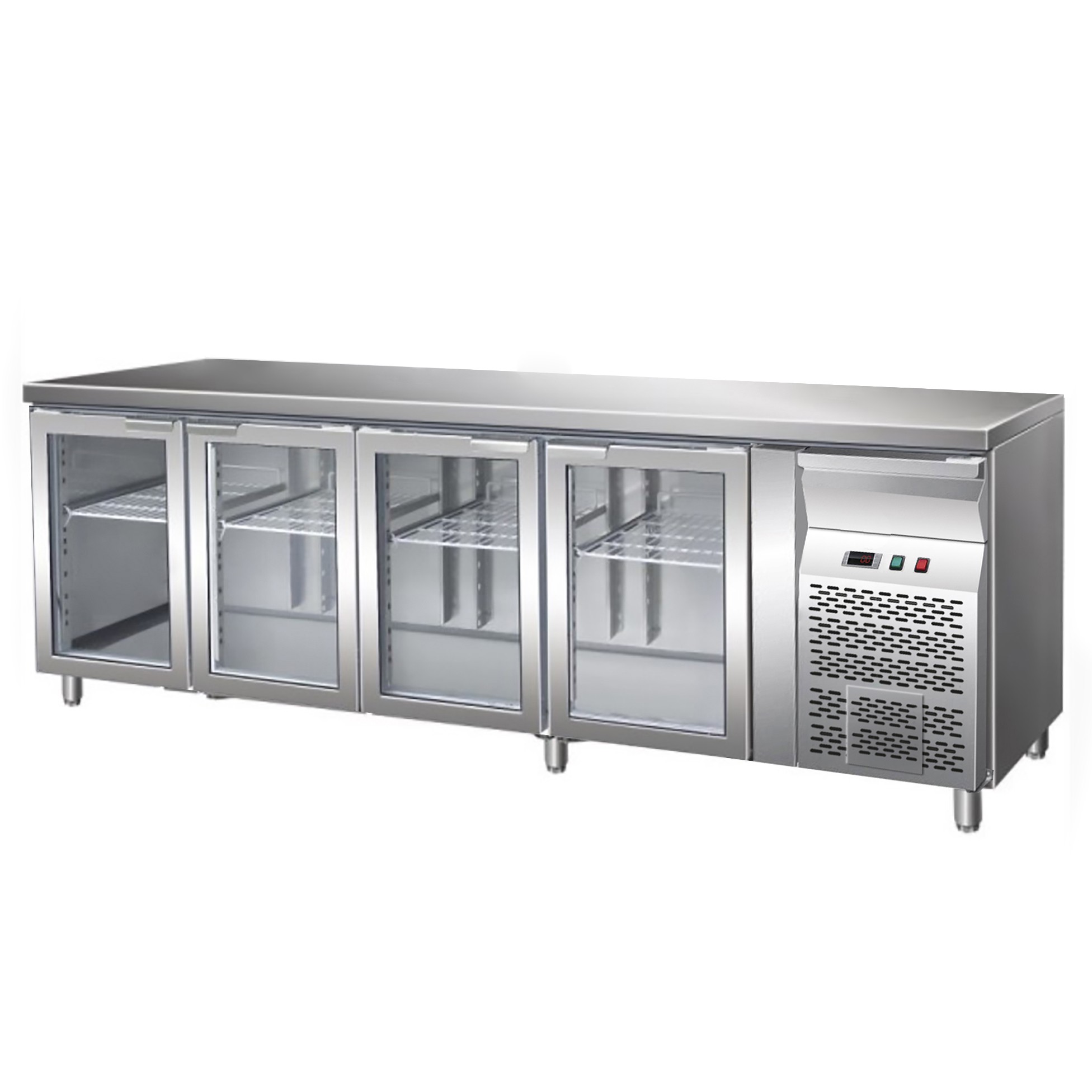 Kühltisch, Umluftkühlung, 4 Glastüren, Aufkantung, Tiefe 700 mm, +2°C/+8°C