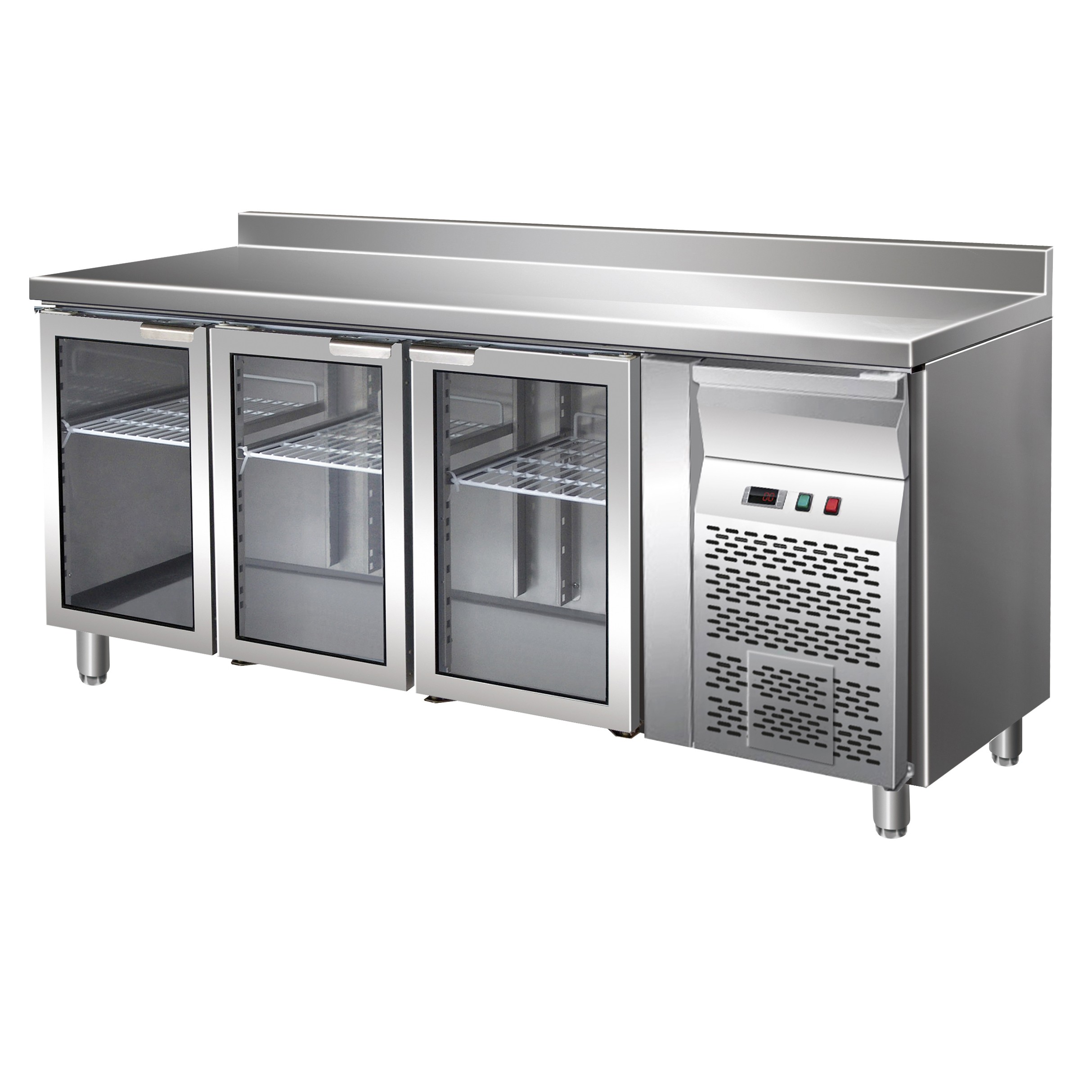 Kühltisch, Umluftkühlung, 3 Glastüren, Aufkantung, Tiefe 700 mm, +2°C/+8°C