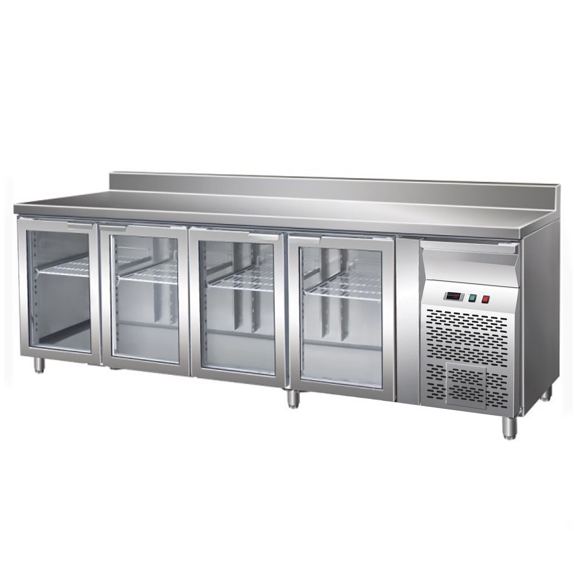 Kühltisch, Umluftkühlung, 4 Glastüren, Aufkantung, Tiefe 700 mm, +2°C/+8°C