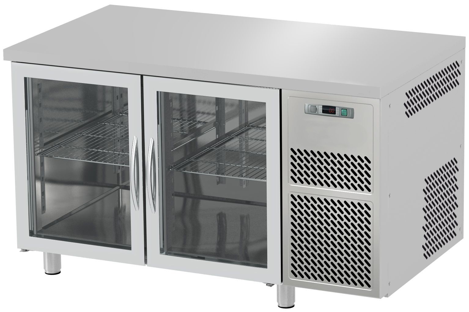 Kühltisch, 2 Glastüren, Tiefe 600 mm, 0°C/+10°C, Edelstahl