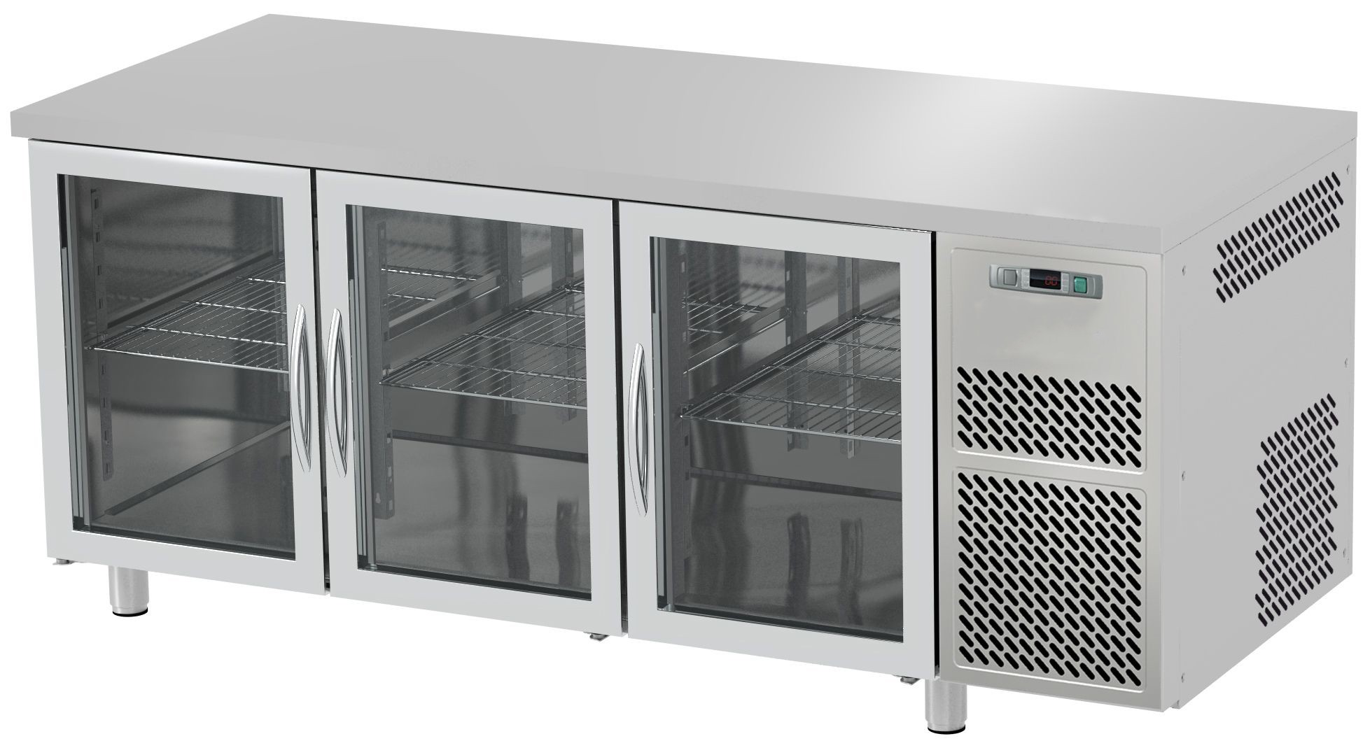 Kühltisch, 3 Glastüren, Tiefe 700 mm, 0°C/+10°C, Edelstahl