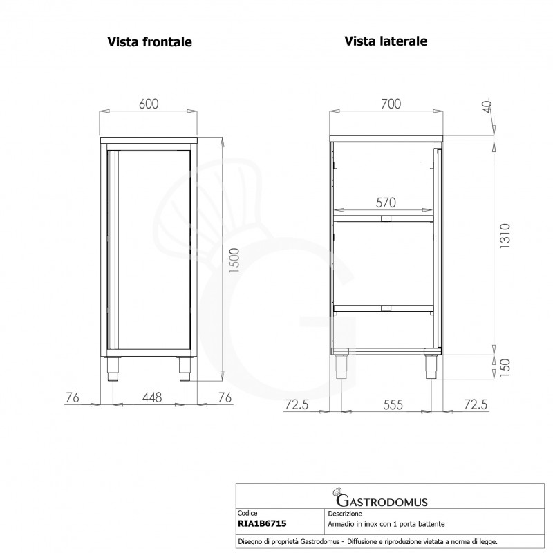 Edelstahl Universalschrank, 1 Flügeltür, 2 Einlegeböden, B 600 mm x T 700 mm x H 1500 mm