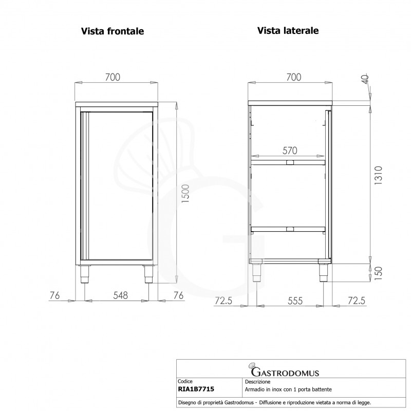 Edelstahl Universalschrank, 1 Flügeltür, 2 Einlegeböden, B 700 mm x T 700 mm x H 1500 mm
