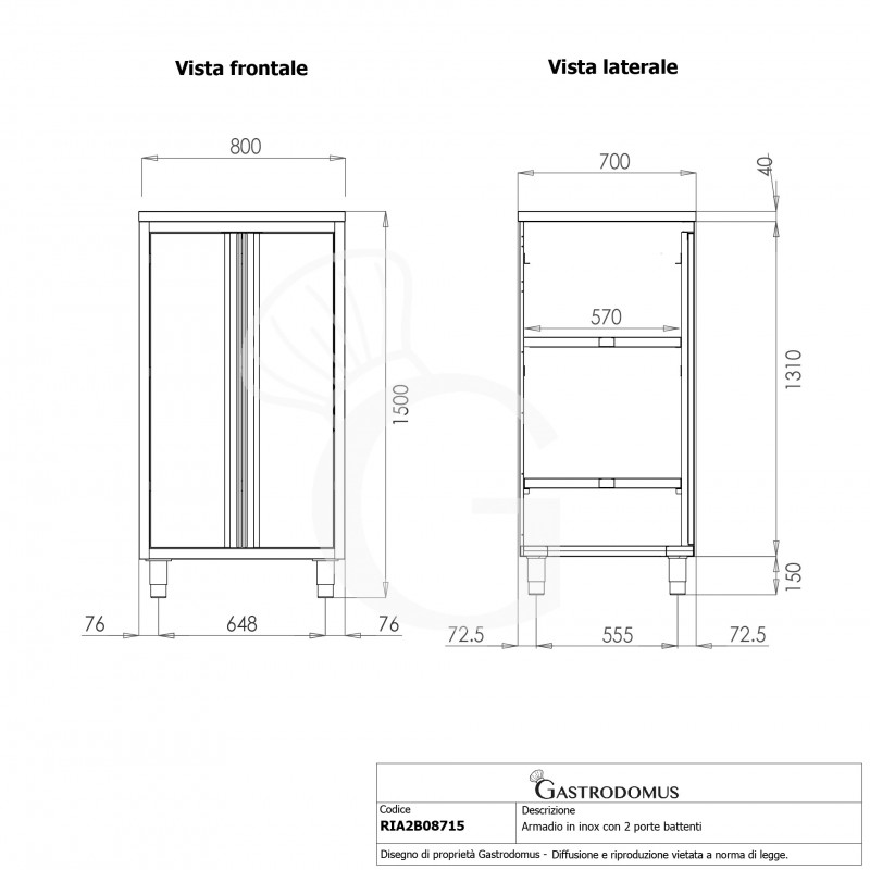 Edelstahl Universalschrank, 2 Flügeltüren, 2 Einlegeböden, B 800 mm x T 700 mm x H 1500 mm