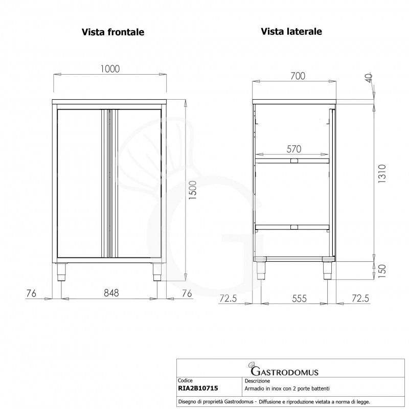 Edelstahl Mehrzweckschrank, 2 Flügeltüren, 2 Einlegeböden, B 1000 mm x T 700 mm x H 1500 mm