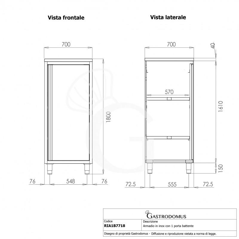 Edelstahl Hochschrank, 1 Flügeltür, 3 Einlegeböden, B 700 mm x T 700 mm x H 1800 mm