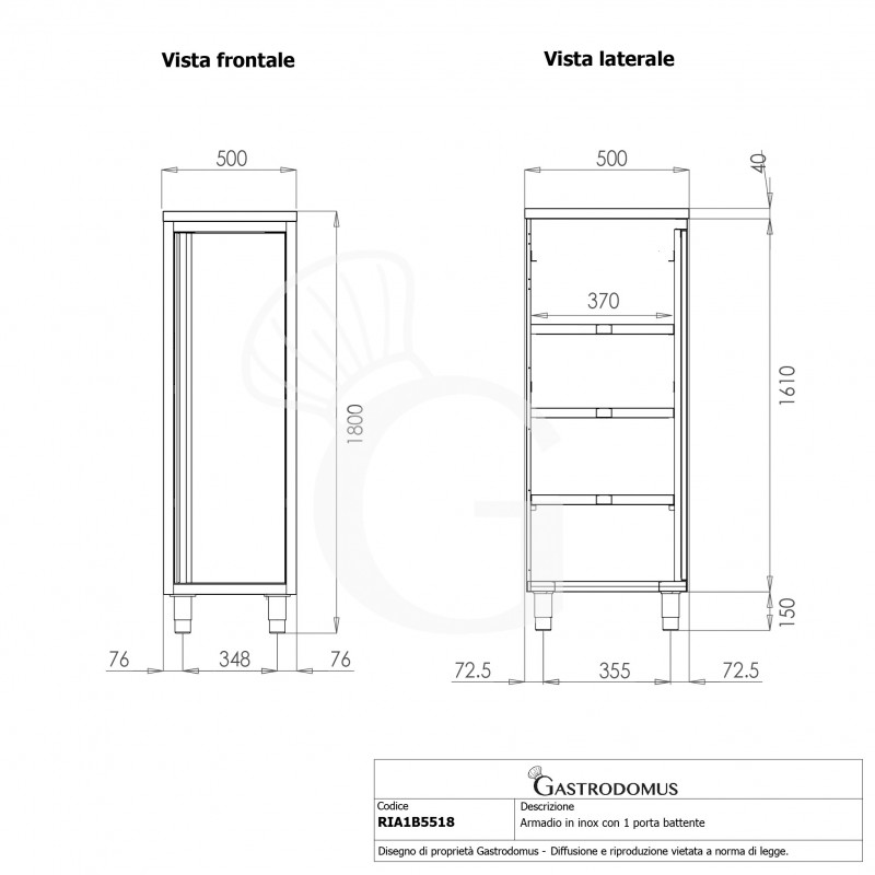 Edelstahlschrank, 1 Flügeltür, 3 Zwischenböden, B 500 mm x T 500 mm x H 1800 mm