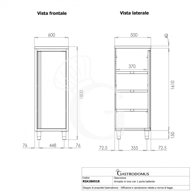 Edelstahl Hochschrank, 1 Flügeltür, 3 Einlegeböden, B 600 mm x T 500 mm x H 1800 mm