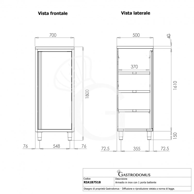 Edelstahl Hochschrank, 1 Flügeltür, 3 Einlegeböden, B 700 mm x T 500 mm x H 1800 mm