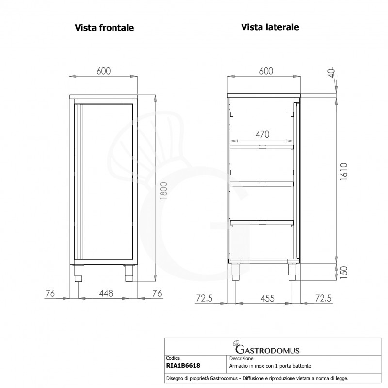 Edelstahl Hochschrank, 1 Flügeltür, 3 Einlegeböden, B 600 mm x T 600 mm x H 1800 mm