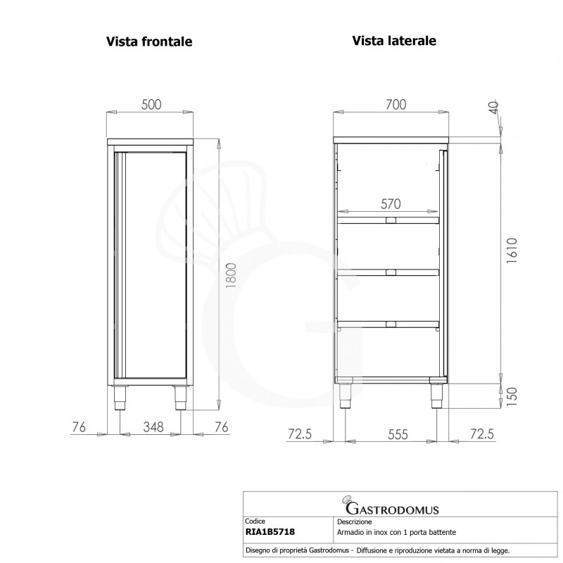 Edelstahl Hochschrank, 1 Flügeltür, 3 Einlegeböden, B 500 mm x T 700 mm x H 1800 mm