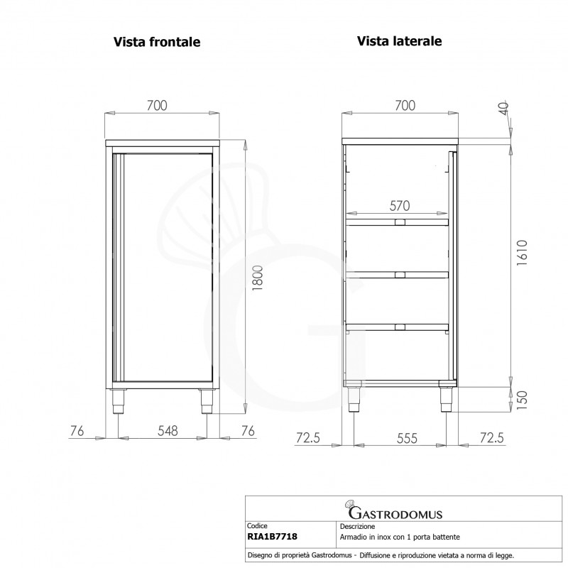 Edelstahl Hochschrank, 1 Flügeltür, 3 Einlegeböden, B 600 mm x T 700 mm x H 1800 mm