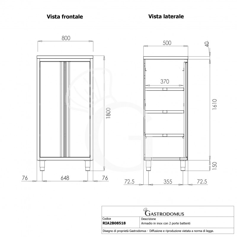 Edelstahl Hochschrank, 2 Flügeltüren, 3 Einlegeböden, B 800 mm x T 500 mm x H 1800 mm