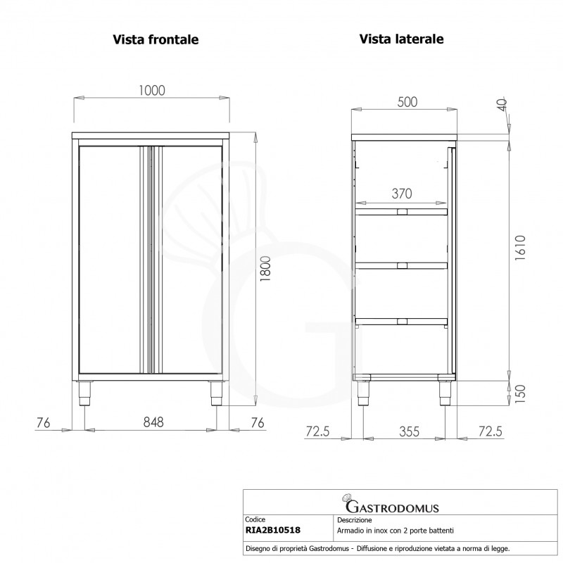 Edelstahl Hochschrank, 2 Flügeltüren, 3 Einlegeböden, B 1000 mm x T 500 mm x H 1800 mm
