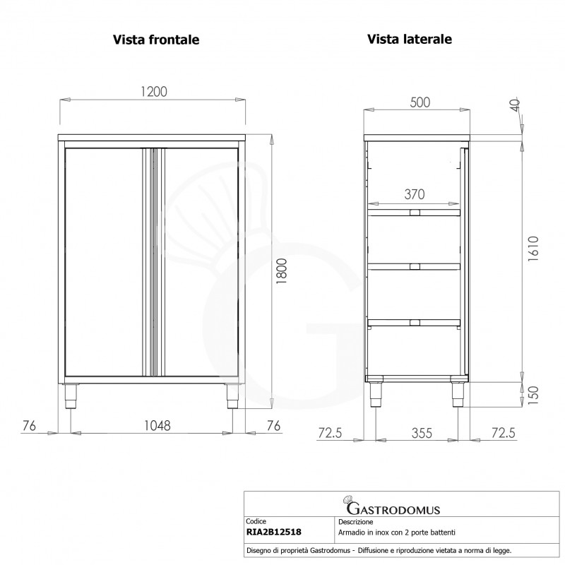 Edelstahl Hochschrank, 2 Flügeltüren, 3 Einlegeböden, B 1200 mm x T 500 mm x H 1800 mm